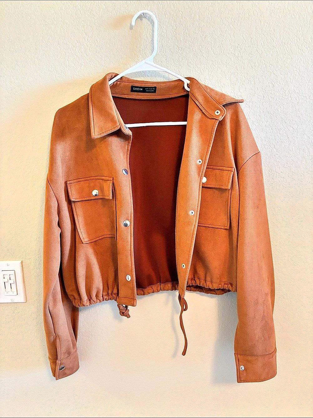 SHEIN Drawstring Hem Snap Button Front Crop Jacket Brown